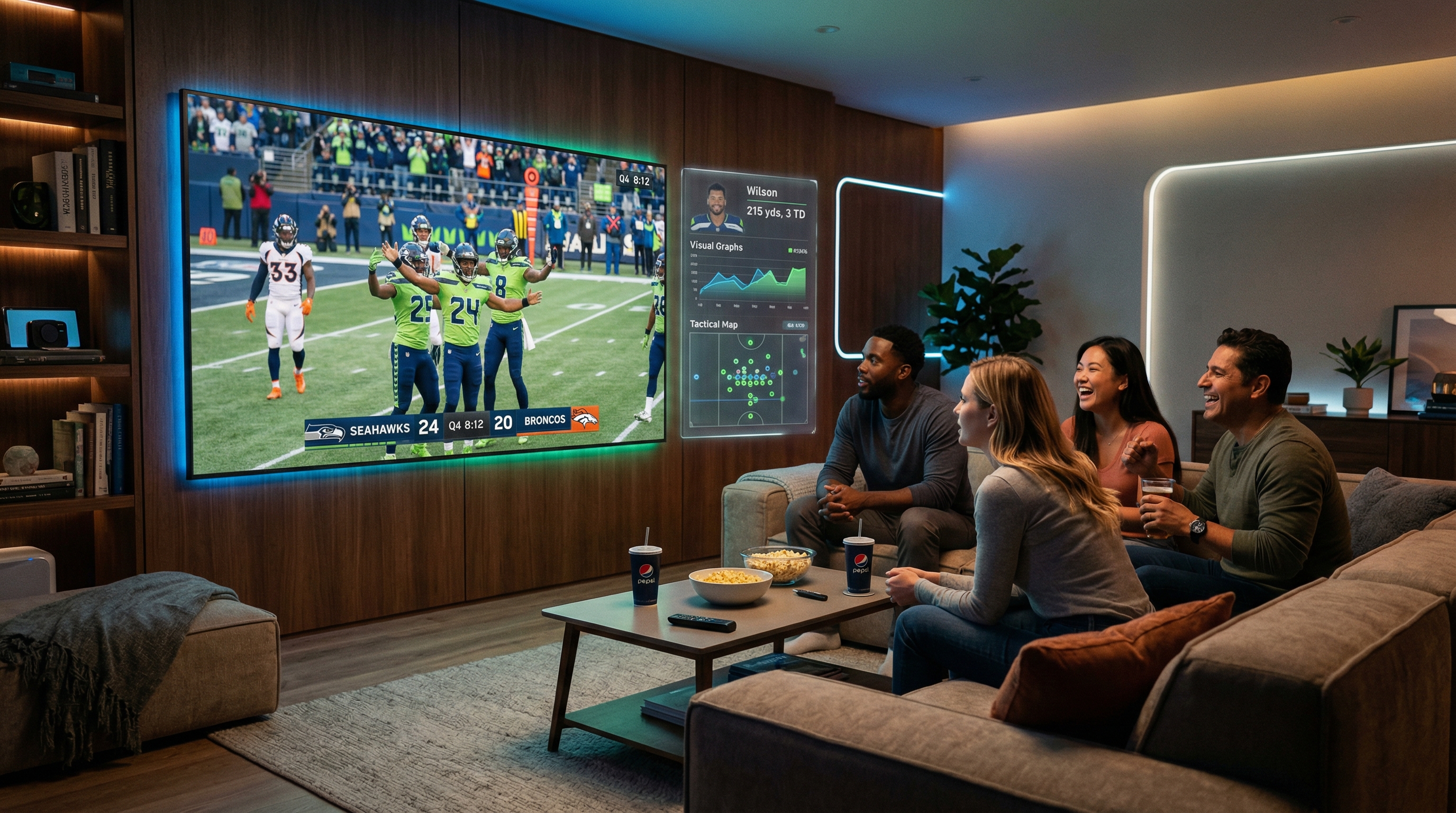 A family in a futuristic living room watching a personalized sports broadcast together, each viewer engaged with content tailored to their individual preferences