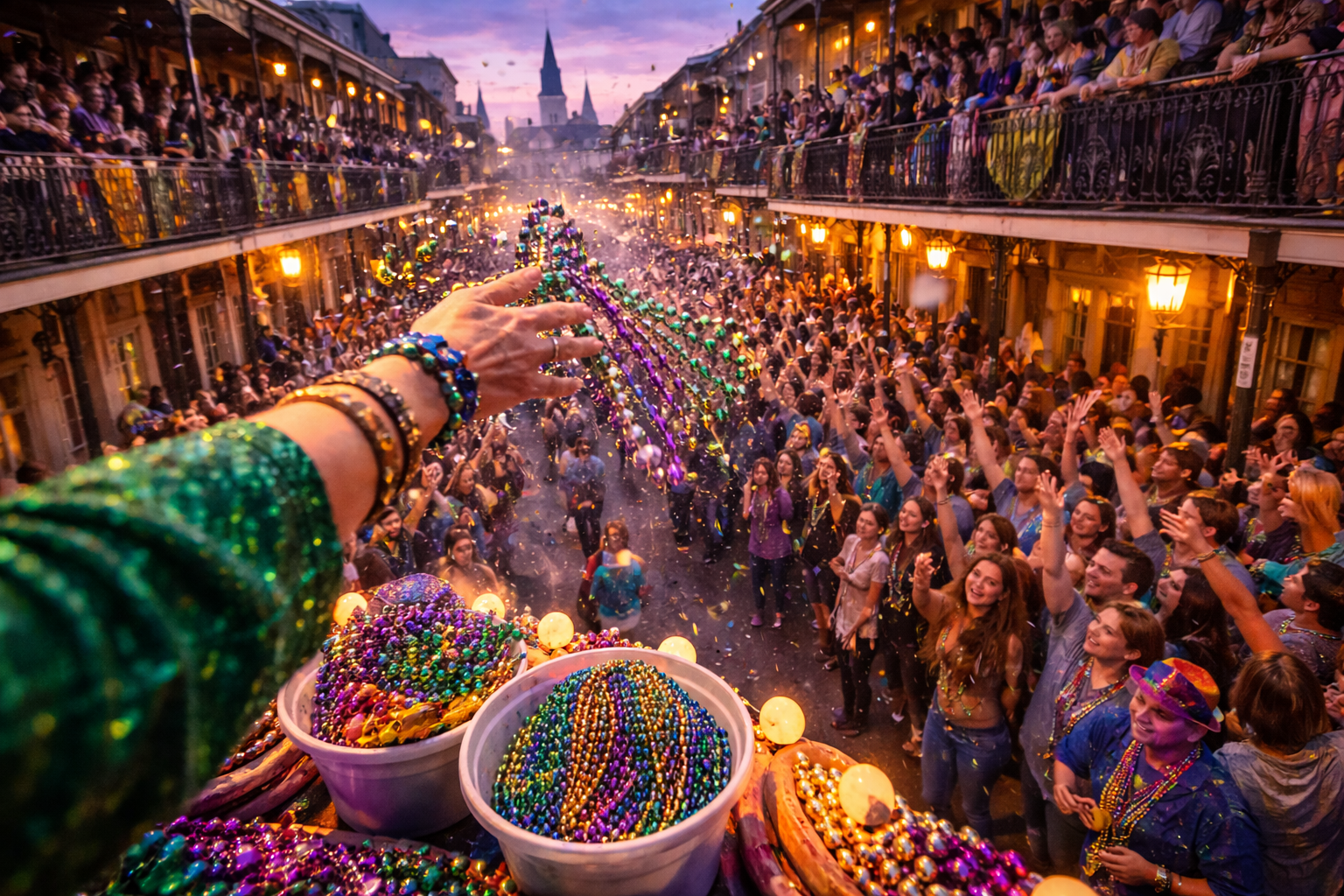 Mardi Gras parade with beads being thrown from a float to excited crowds on a purple and gold lit street