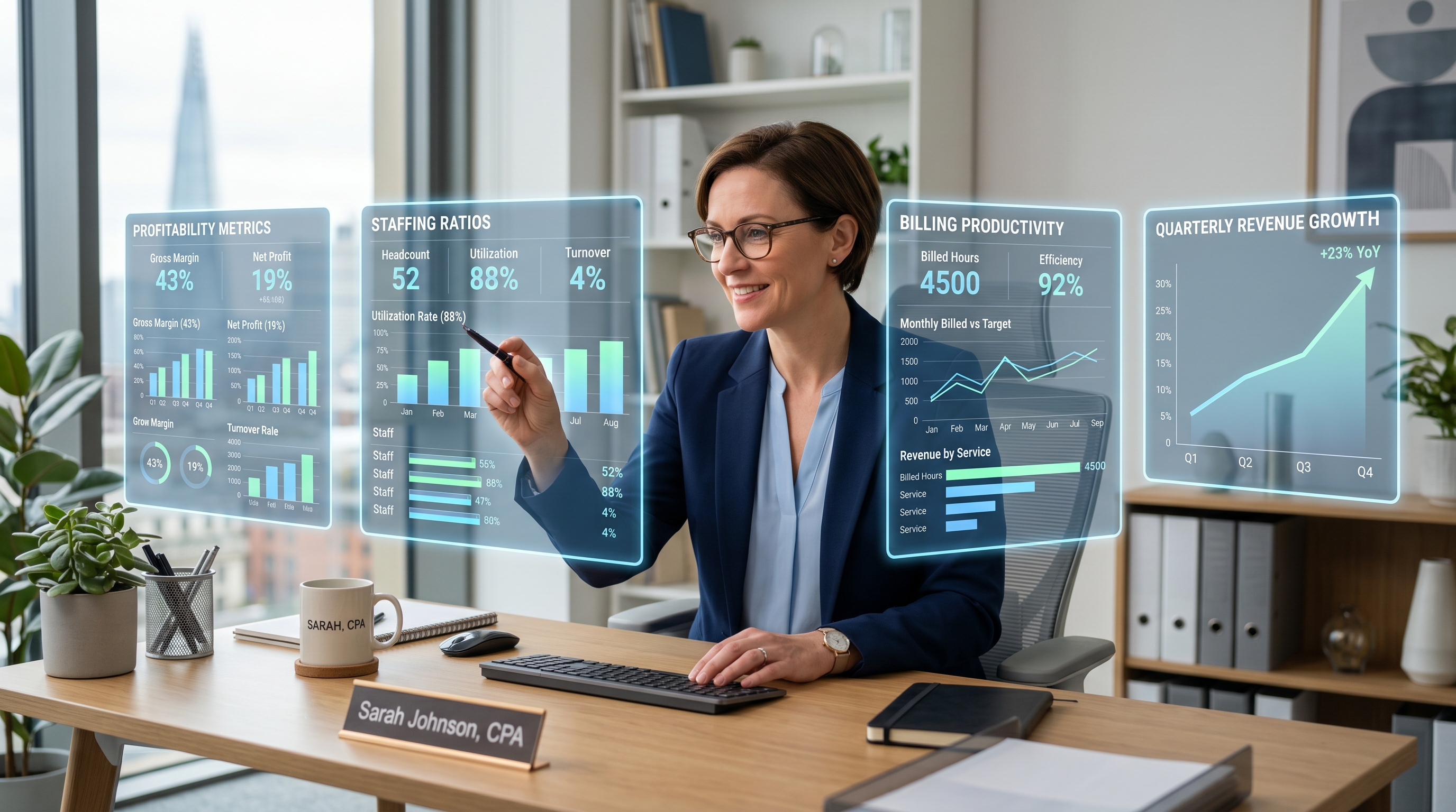 Professional CPA working at desk reviewing financial data and preparing firm for AI implementation