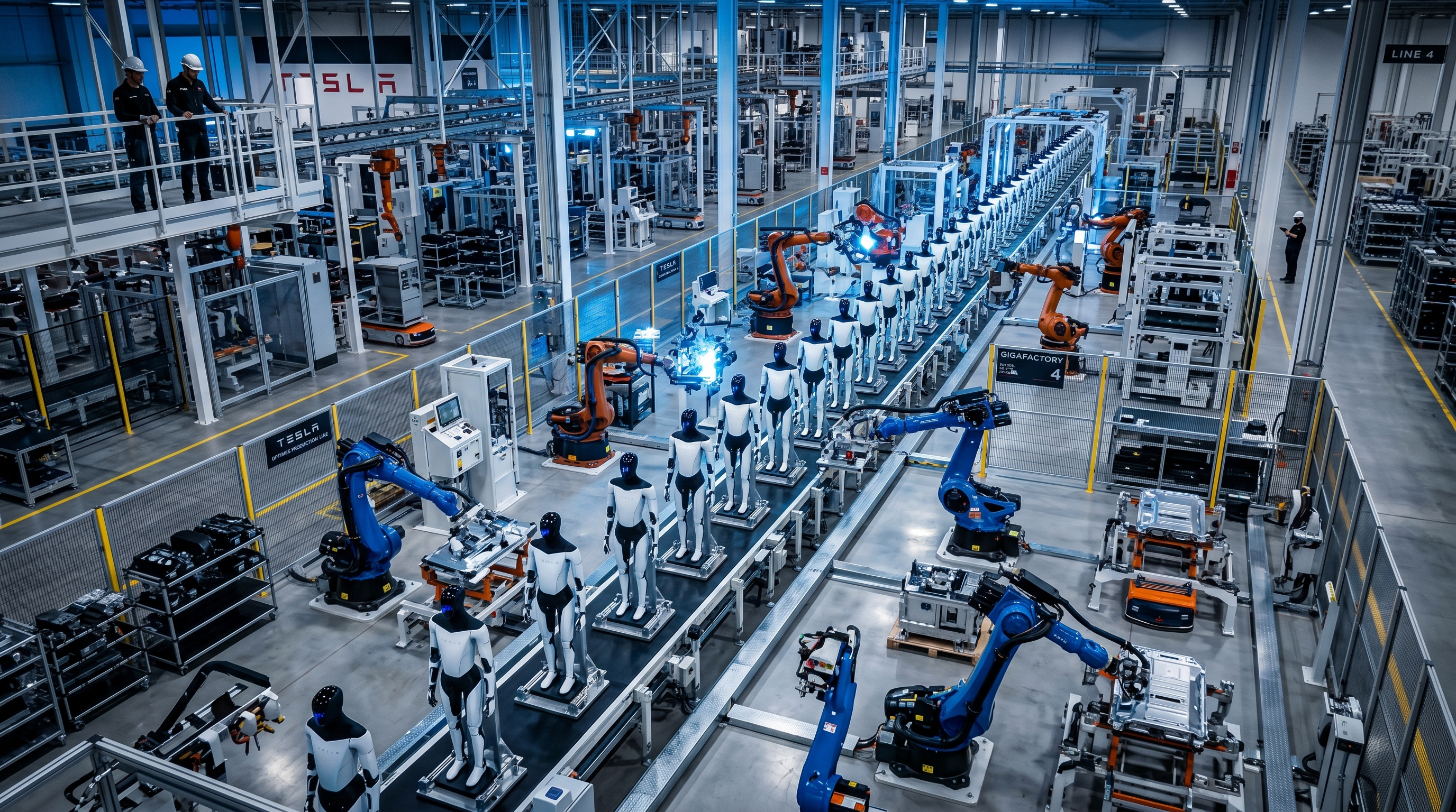 Tesla Optimus humanoid robot on a factory floor surrounded by robotic assembly arms and blue-tinted industrial lighting