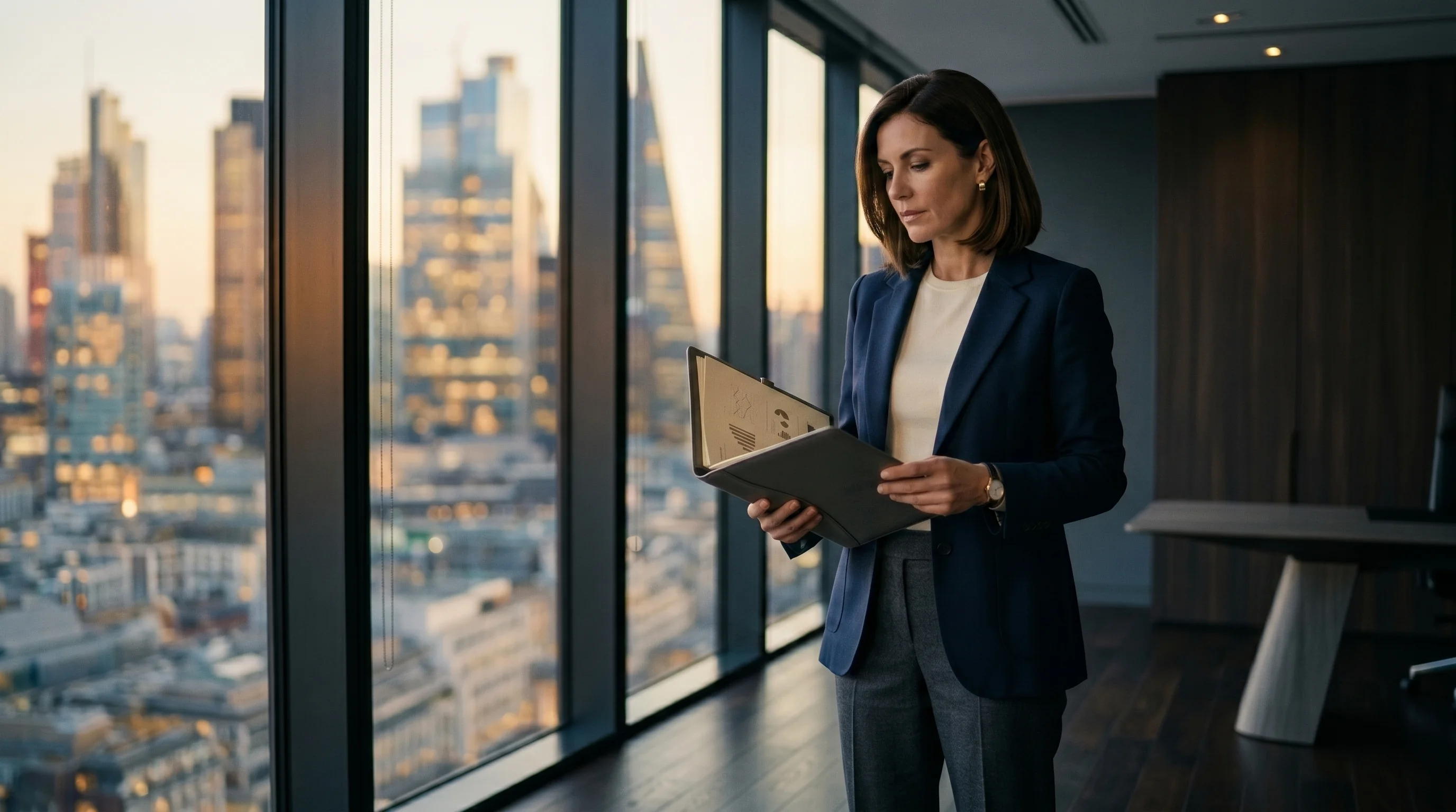Accounting professional reviewing AI governance standards and operational workflows at desk