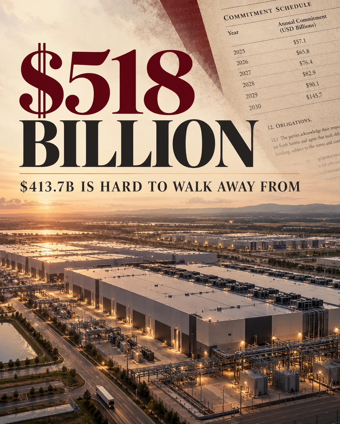 Data center at sunset with a $518 billion headline and a table of Anthropic's yearly AI spending commitments