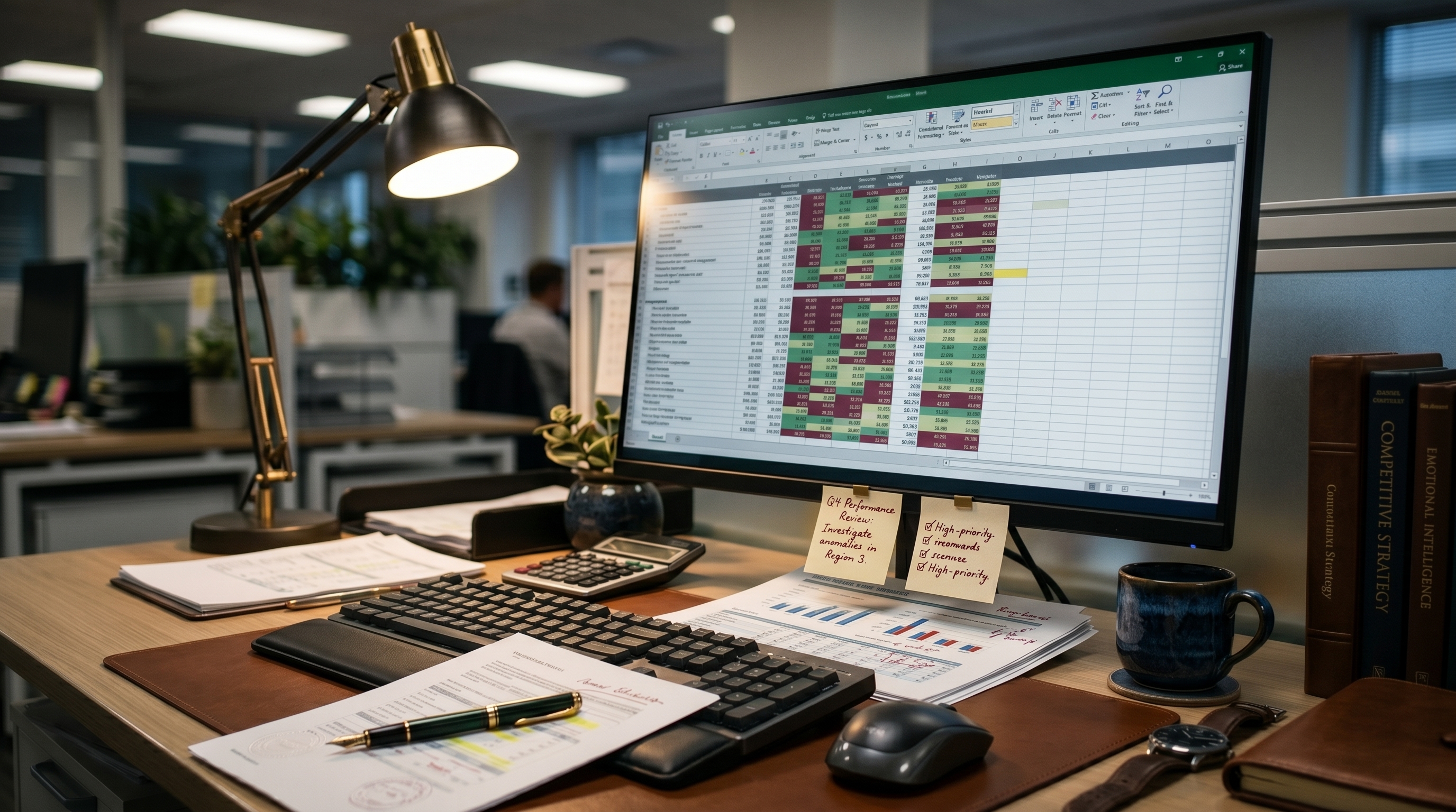 Finance professional using Microsoft Copilot AI agents for automated account reconciliation and variance analysis in Excel
