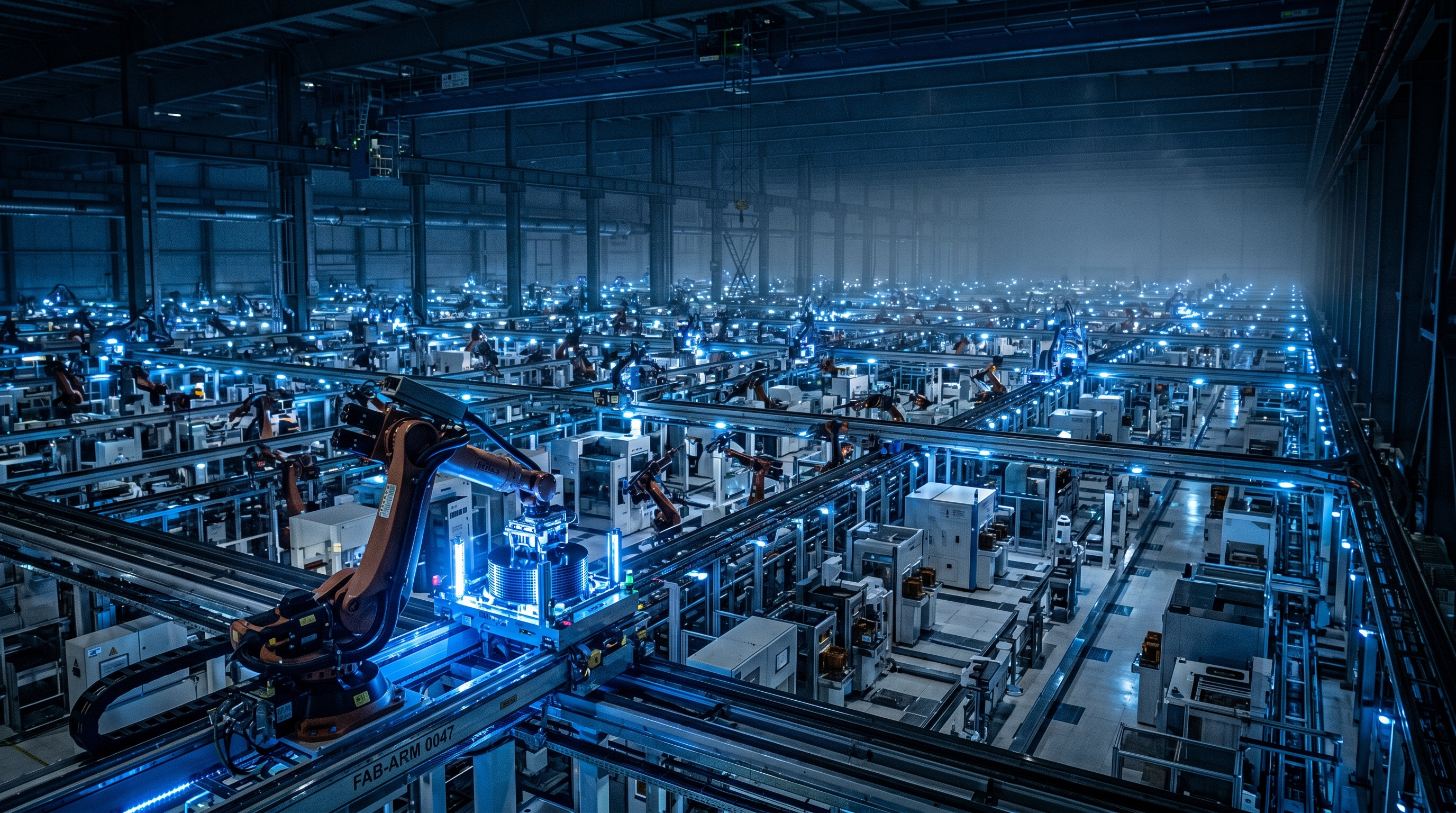 Bird's-eye view of a massive automated chip fabrication floor with hundreds of robotic arms under electric-blue industrial lighting