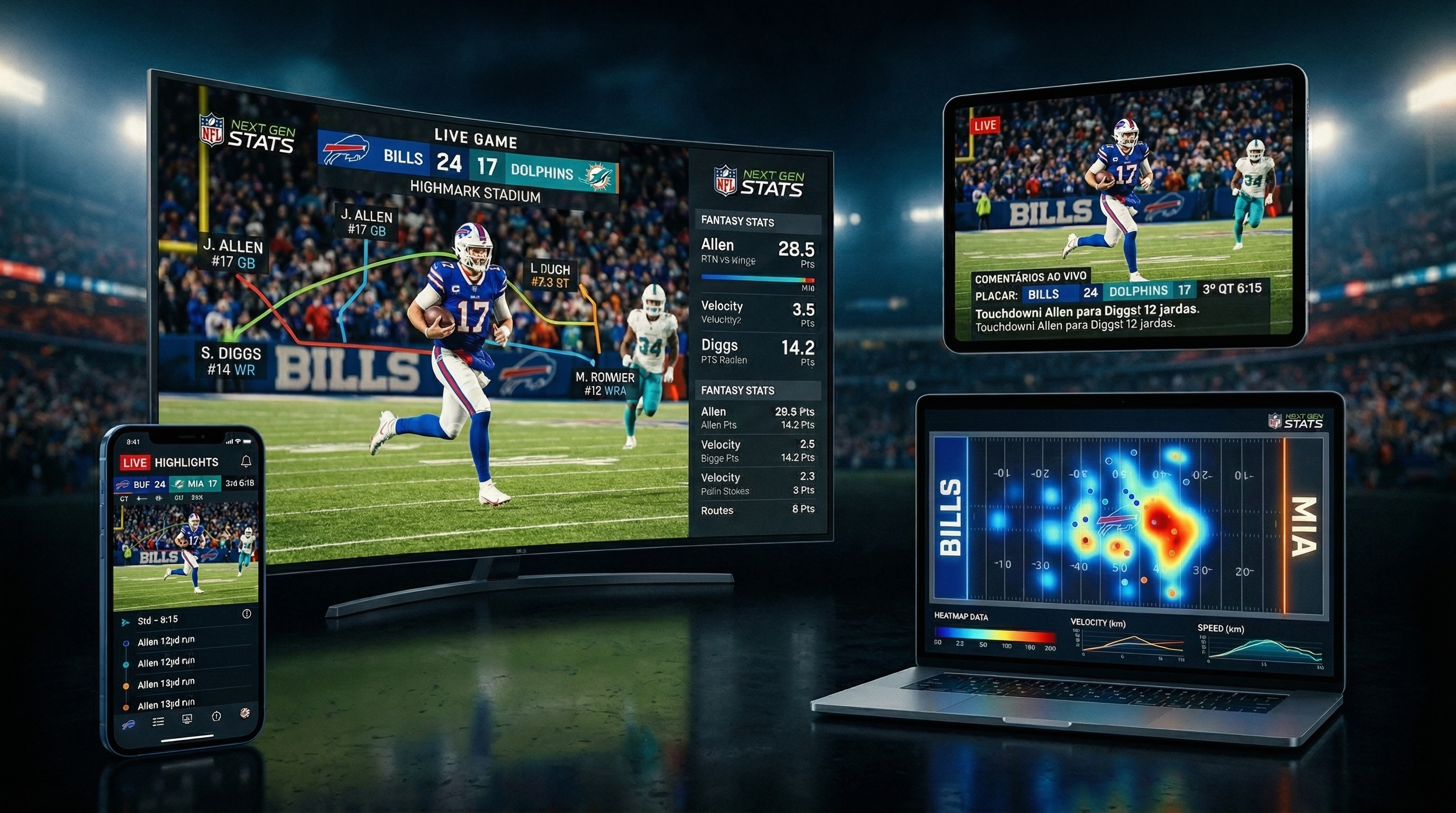 Futuristic illustration of a neural interface overlaid on a sports stadium