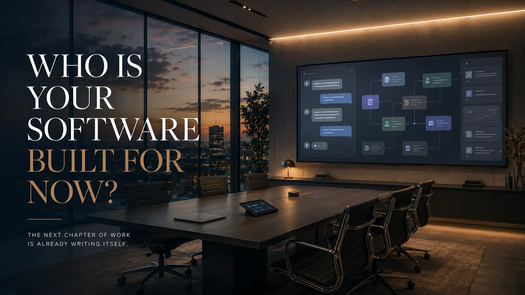 Dark boardroom with a wall screen showing a chat window feeding an AI agent workflow that branches into connected business systems