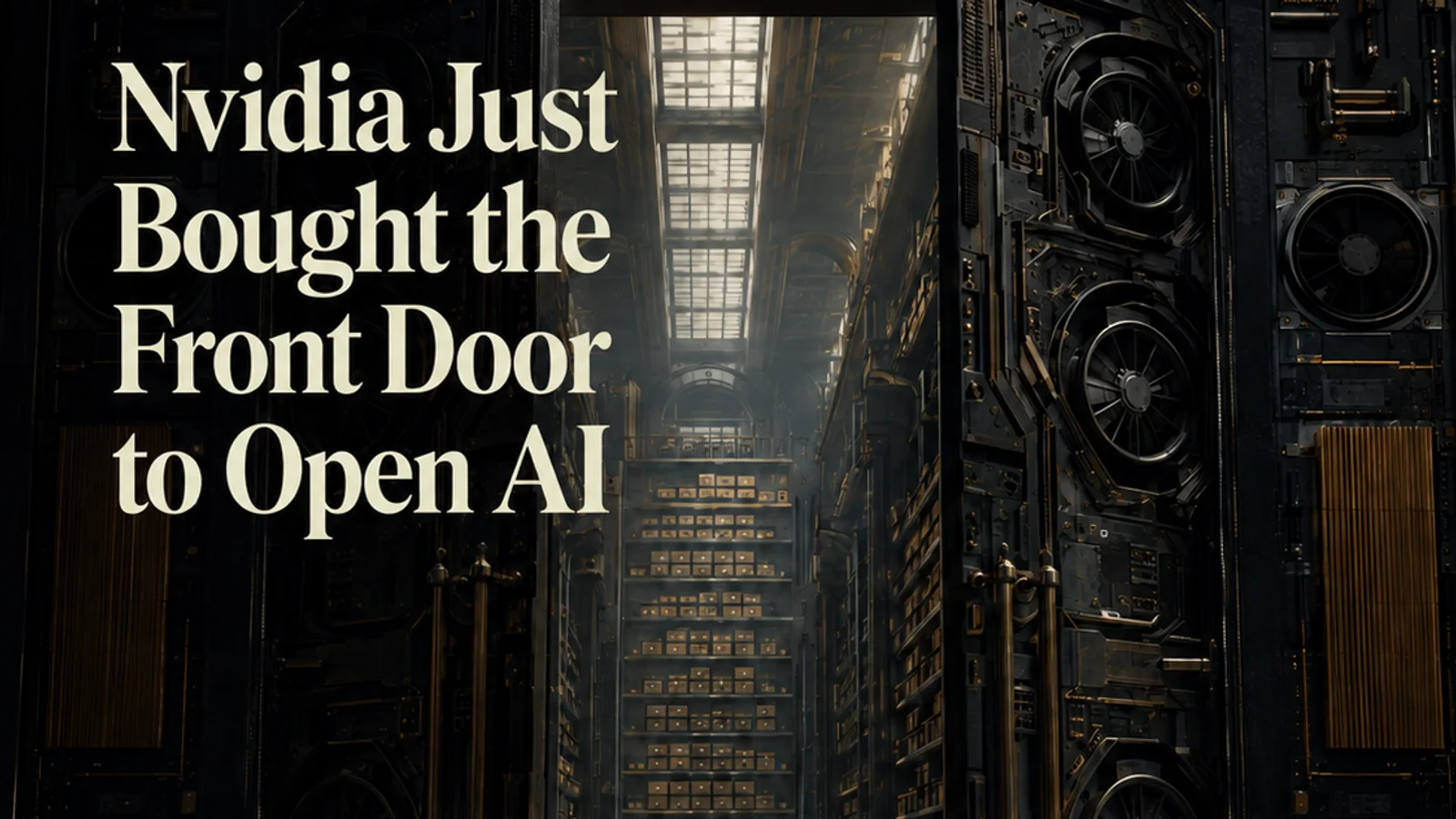 A person walking through a giant mechanical vault door into a data center hall, with the headline Nvidia Just Bought the Front Door to Open AI