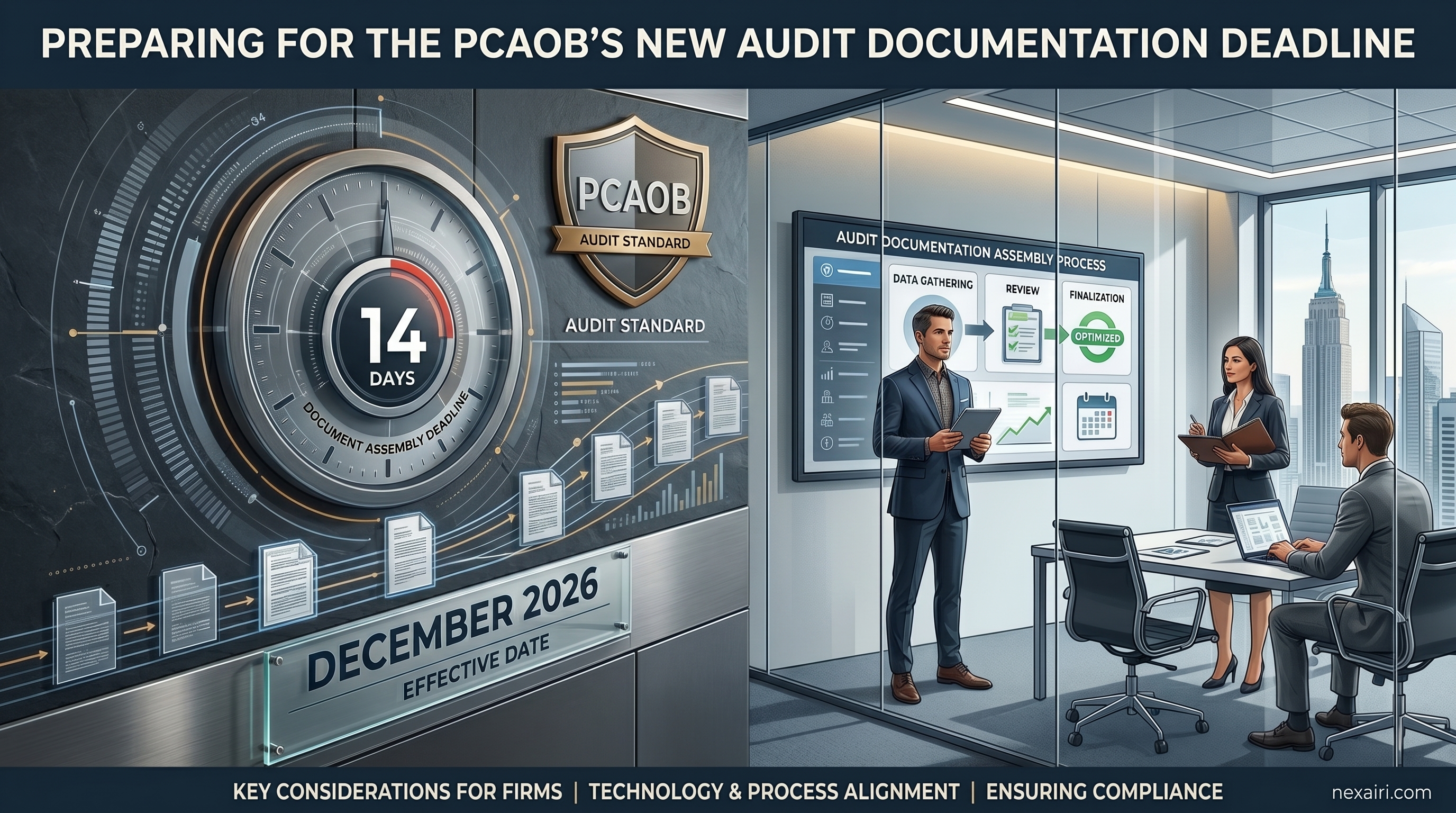 Audit team reviewing PCAOB documentation deadlines and supervisory review schedule before report release