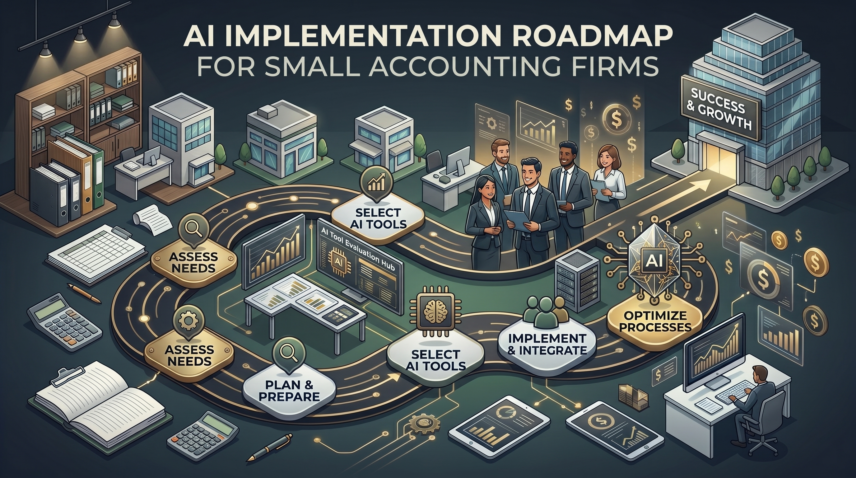 Small accounting firm team implementing five-stage AI adoption maturity model with workflow documentation and process maps
