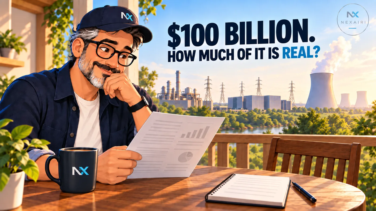 Cartoon of a man in a Nexairi cap reading a report, with a gas plant and nuclear cooling towers behind him